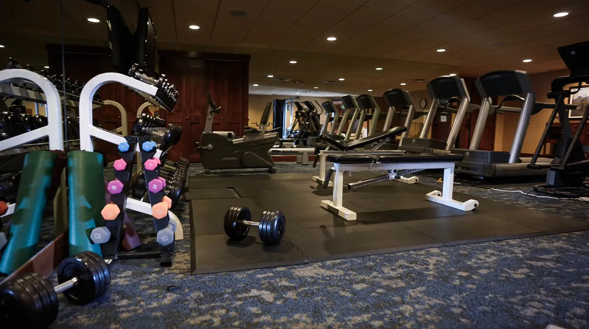 This interior image focuses on a well-organized gym area with dumbbells, treadmills, and a weight bench. The space is designed for both cardio and strength training, appealing to a variety of fitness preferences.